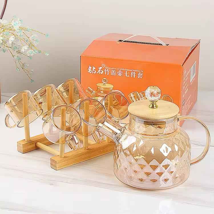 Théière 7 pièces en verre avec support bois