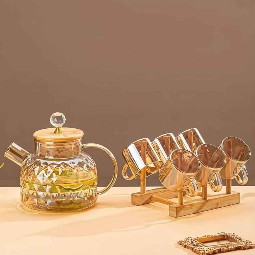 Théière 7 pièces en verre avec support bois