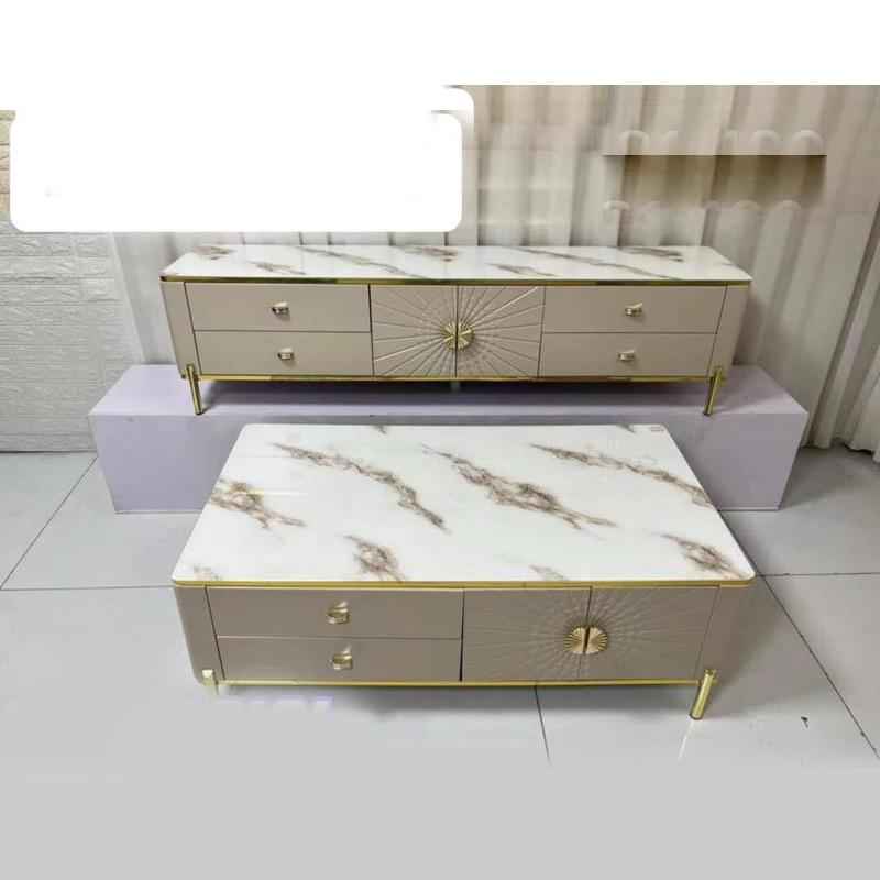 Table Televiseur beige Blanc marbre 200X40X46 66-20+ table basse 130X70 66-13